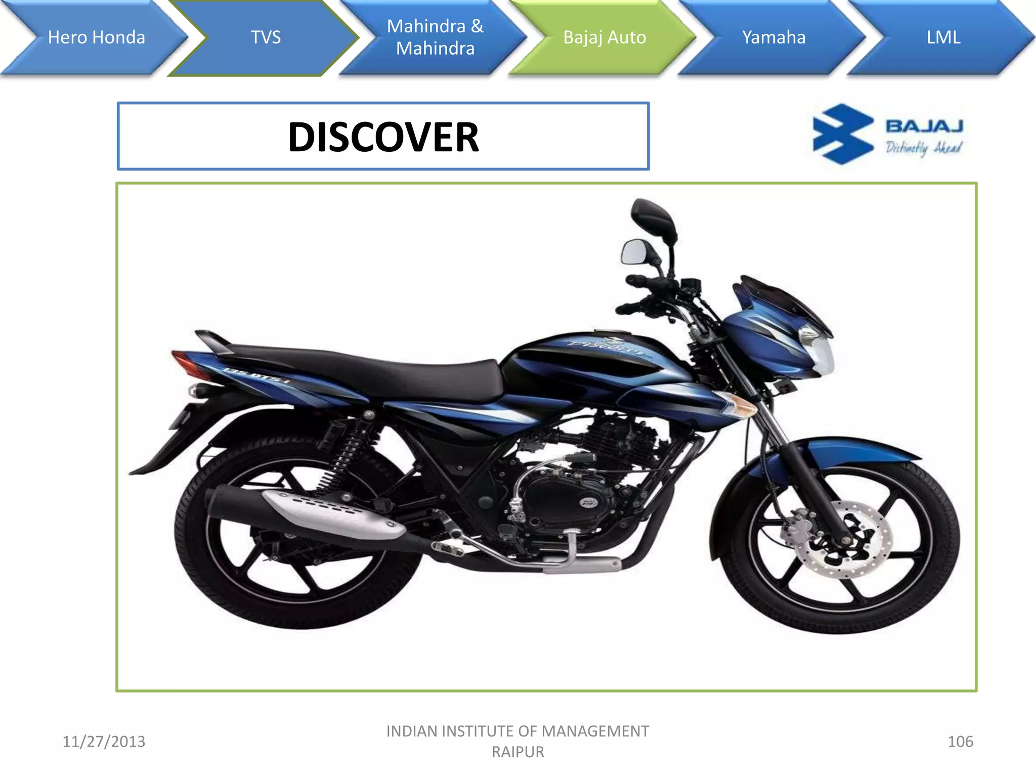 Hero Honda

TVS

Mahindra &
Mahindra

Bajaj Auto

Yamaha

LML

DISCOVER

11/27/2013

INDIAN INSTITUTE OF MANAGEMENT
RAIPUR

106

 