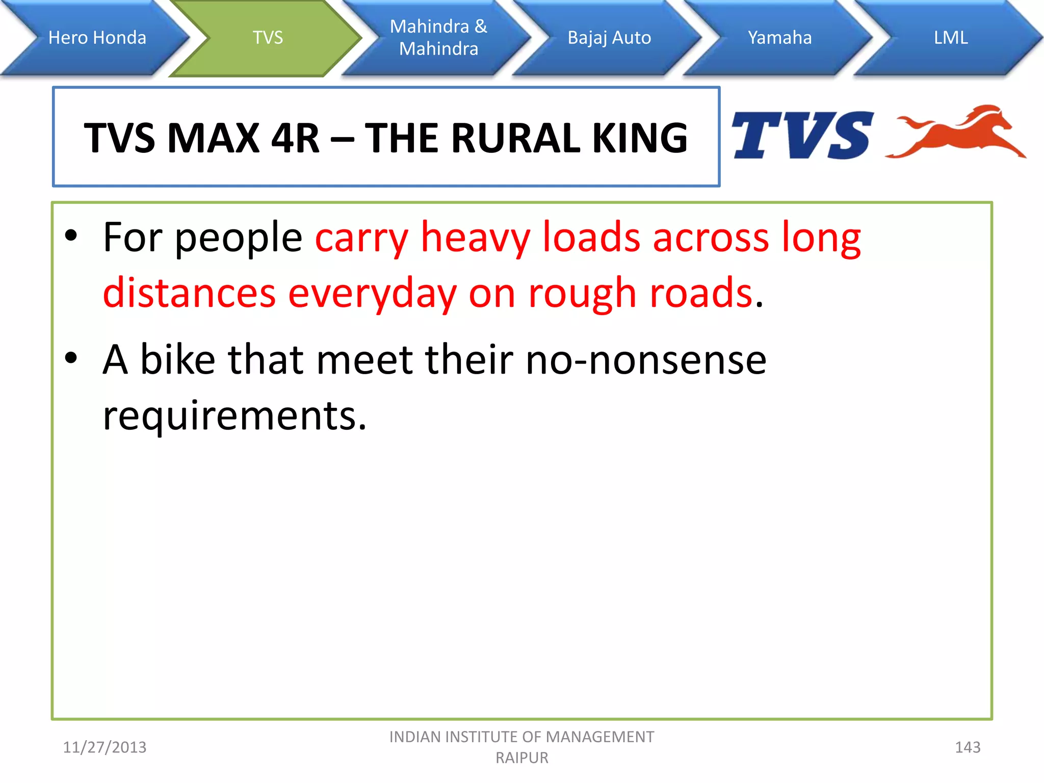 Hero Honda

TVS

Mahindra &
Mahindra

Bajaj Auto

Yamaha

LML

TVS MAX 4R – THE RURAL KING
• For people carry heavy loads across long
distances everyday on rough roads.
• A bike that meet their no-nonsense
requirements.

11/27/2013

INDIAN INSTITUTE OF MANAGEMENT
RAIPUR

143

 