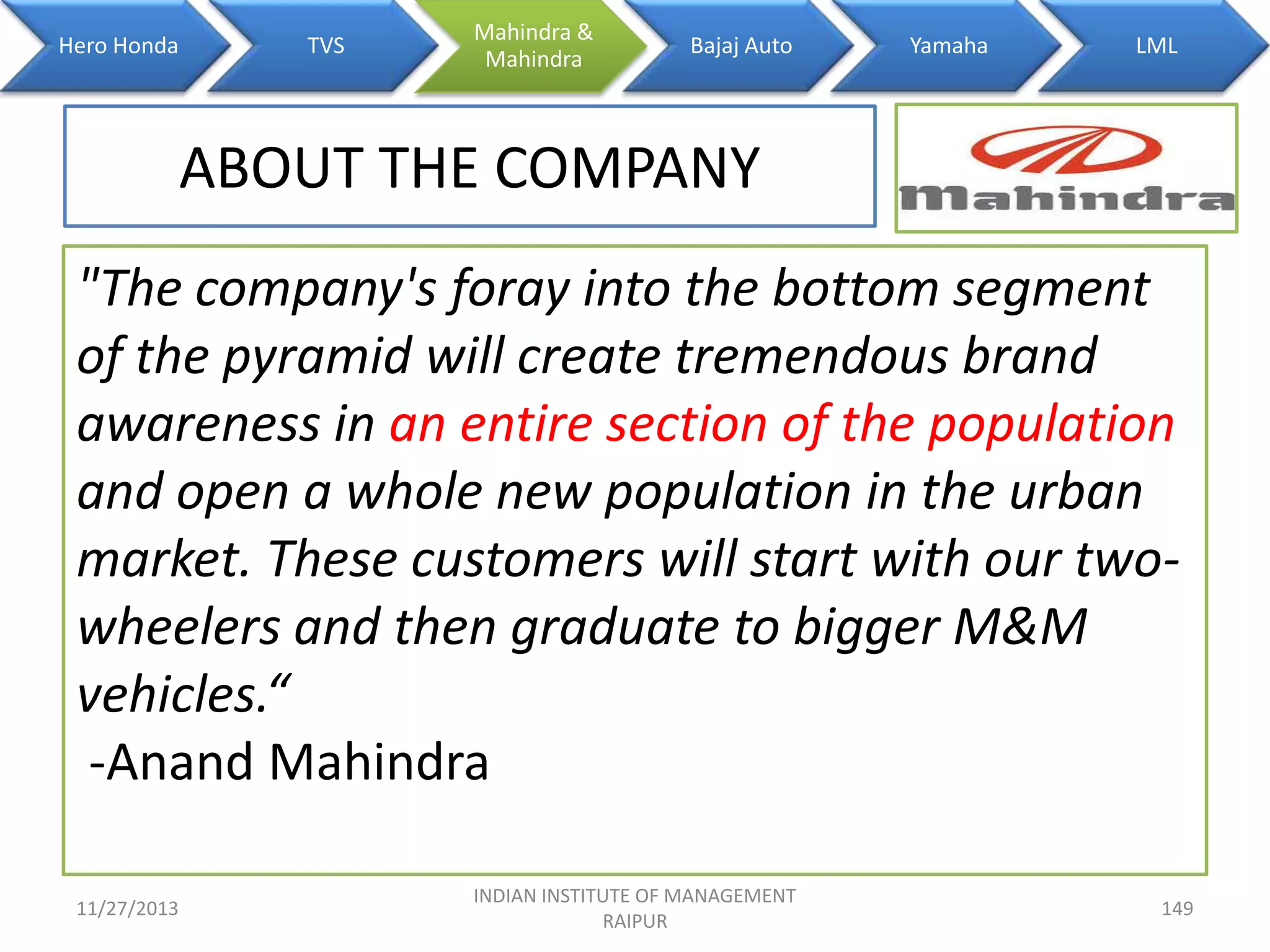 Hero Honda

TVS

Mahindra &
Mahindra

Bajaj Auto

Yamaha

LML

ABOUT THE COMPANY
"The company's foray into the bottom segment
of the pyramid will create tremendous brand
awareness in an entire section of the population
and open a whole new population in the urban
market. These customers will start with our twowheelers and then graduate to bigger M&M
vehicles.“
-Anand Mahindra
11/27/2013

INDIAN INSTITUTE OF MANAGEMENT
RAIPUR

149

 