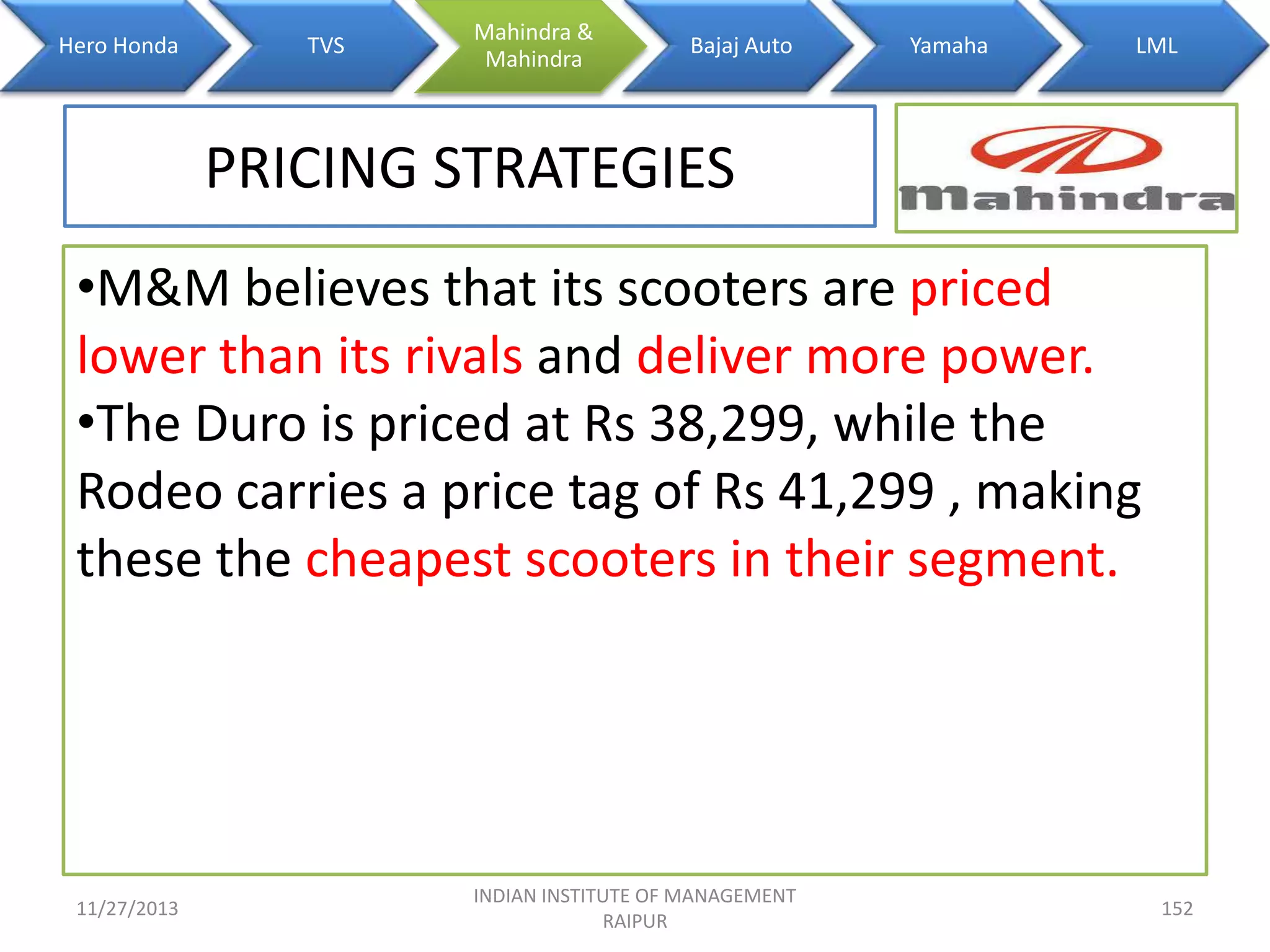 Hero Honda

TVS

Mahindra &
Mahindra

Bajaj Auto

Yamaha

LML

PRICING STRATEGIES
•M&M believes that its scooters are priced
lower than its rivals and deliver more power.
•The Duro is priced at Rs 38,299, while the
Rodeo carries a price tag of Rs 41,299 , making
these the cheapest scooters in their segment.

11/27/2013

INDIAN INSTITUTE OF MANAGEMENT
RAIPUR

152

 