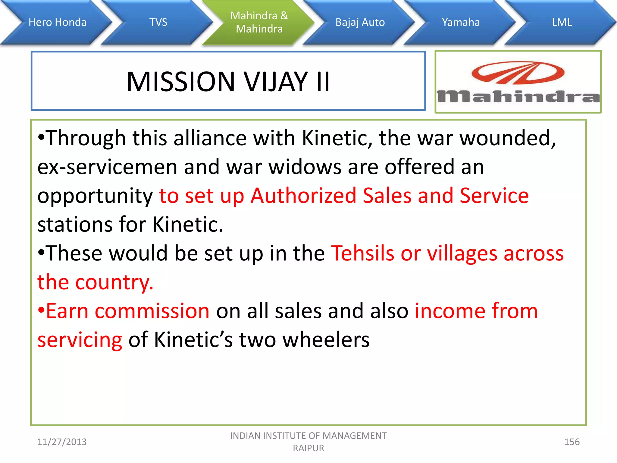 Hero Honda

TVS

Mahindra &
Mahindra

Bajaj Auto

Yamaha

LML

MISSION VIJAY II
•Through this alliance with Kinetic, the war wounded,
ex-servicemen and war widows are offered an
opportunity to set up Authorized Sales and Service
stations for Kinetic.
•These would be set up in the Tehsils or villages across
the country.
•Earn commission on all sales and also income from
servicing of Kinetic’s two wheelers

11/27/2013

INDIAN INSTITUTE OF MANAGEMENT
RAIPUR

156

 