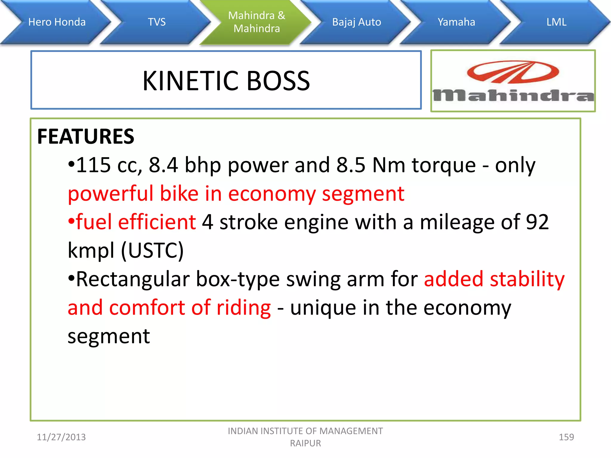 Hero Honda

TVS

Mahindra &
Mahindra

Bajaj Auto

Yamaha

LML

KINETIC BOSS
FEATURES
•115 cc, 8.4 bhp power and 8.5 Nm torque - only
powerful bike in economy segment
•fuel efficient 4 stroke engine with a mileage of 92
kmpl (USTC)
•Rectangular box-type swing arm for added stability
and comfort of riding - unique in the economy
segment

11/27/2013

INDIAN INSTITUTE OF MANAGEMENT
RAIPUR

159

 