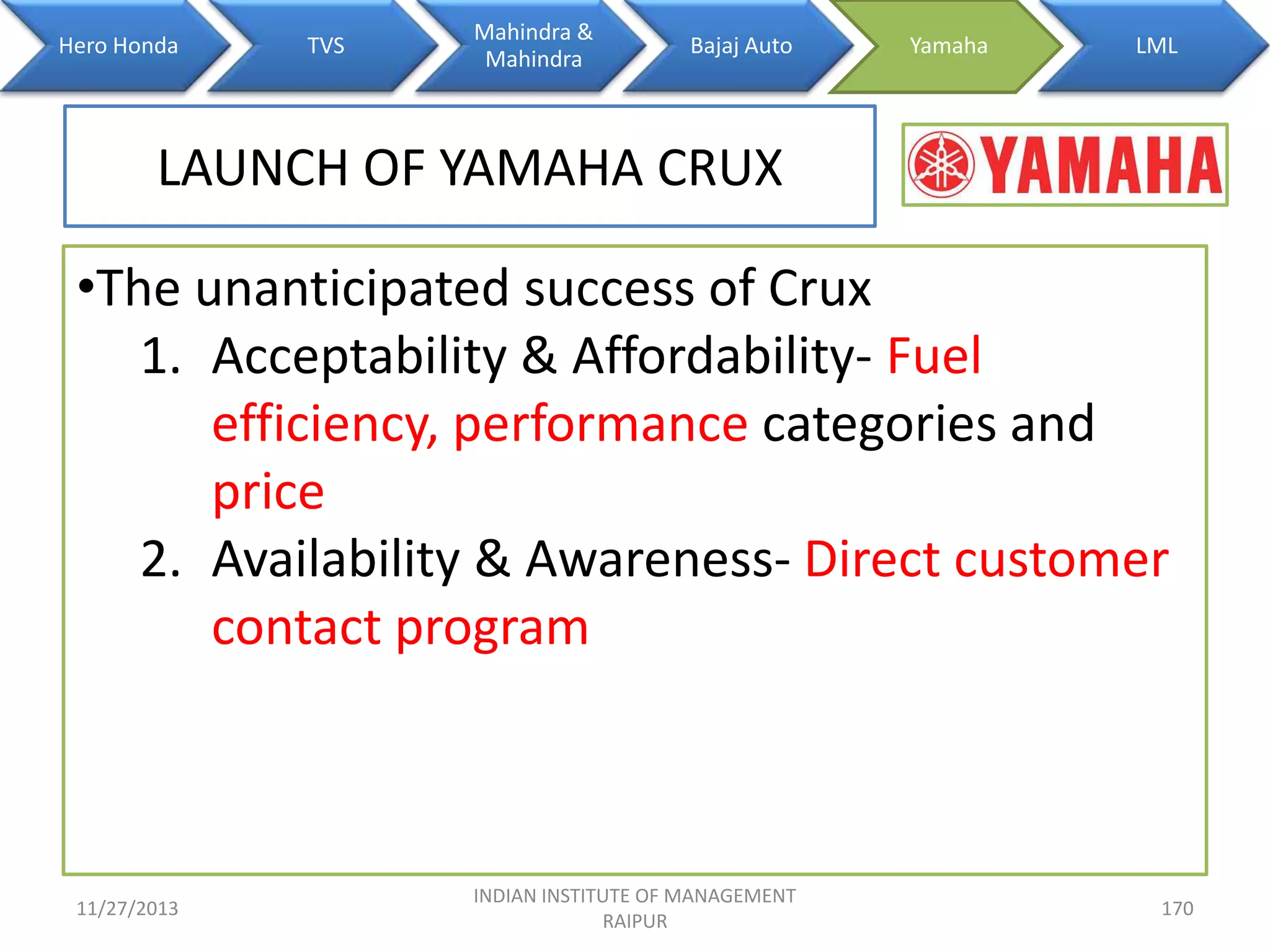 Hero Honda

TVS

Mahindra &
Mahindra

Bajaj Auto

Yamaha

LML

LAUNCH OF YAMAHA CRUX
•The unanticipated success of Crux
1. Acceptability & Affordability- Fuel
efficiency, performance categories and
price
2. Availability & Awareness- Direct customer
contact program

11/27/2013

INDIAN INSTITUTE OF MANAGEMENT
RAIPUR

170

 