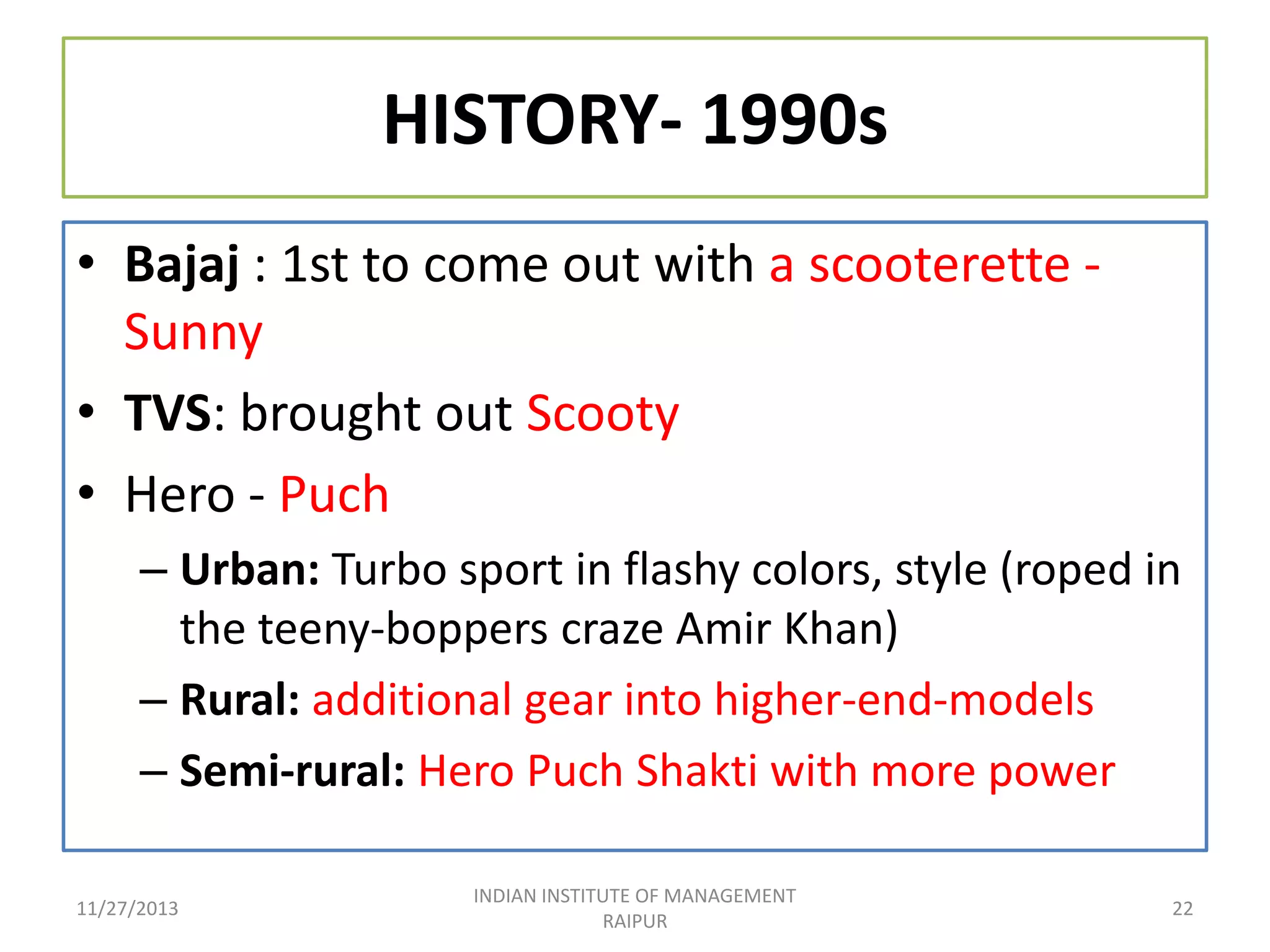 HISTORY- 1990s
• Bajaj : 1st to come out with a scooterette Sunny
• TVS: brought out Scooty
• Hero - Puch
– Urban: Turbo sport in flashy colors, style (roped in
the teeny-boppers craze Amir Khan)
– Rural: additional gear into higher-end-models
– Semi-rural: Hero Puch Shakti with more power
11/27/2013

INDIAN INSTITUTE OF MANAGEMENT
RAIPUR

22

 