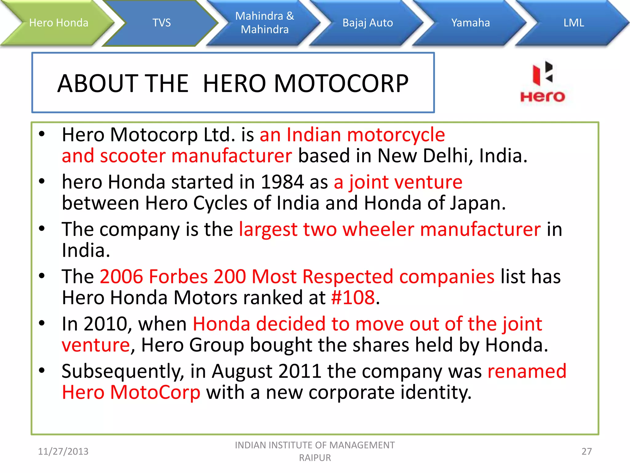 Hero Honda

TVS

Mahindra &
Mahindra

Bajaj Auto

Yamaha

LML

ABOUT THE HERO MOTOCORP
• Hero Motocorp Ltd. is an Indian motorcycle
and scooter manufacturer based in New Delhi, India.
• hero Honda started in 1984 as a joint venture
between Hero Cycles of India and Honda of Japan.
• The company is the largest two wheeler manufacturer in
India.
• The 2006 Forbes 200 Most Respected companies list has
Hero Honda Motors ranked at #108.
• In 2010, when Honda decided to move out of the joint
venture, Hero Group bought the shares held by Honda.
• Subsequently, in August 2011 the company was renamed
Hero MotoCorp with a new corporate identity.
11/27/2013

INDIAN INSTITUTE OF MANAGEMENT
RAIPUR

27

 