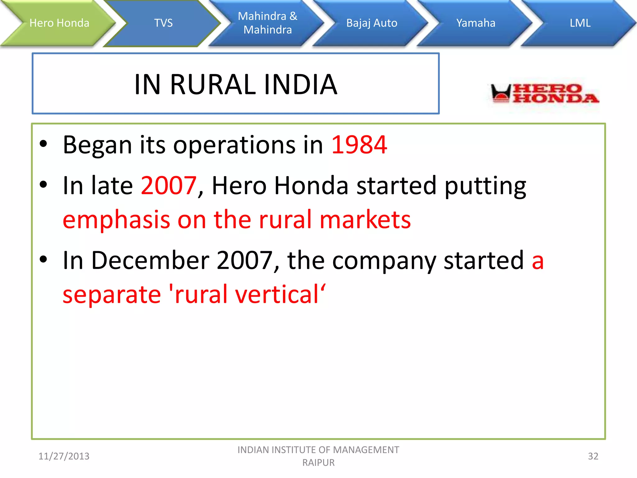 Hero Honda

TVS

Mahindra &
Mahindra

Bajaj Auto

Yamaha

LML

IN RURAL INDIA
• Began its operations in 1984
• In late 2007, Hero Honda started putting
emphasis on the rural markets
• In December 2007, the company started a
separate 'rural vertical‘

11/27/2013

INDIAN INSTITUTE OF MANAGEMENT
RAIPUR

32

 