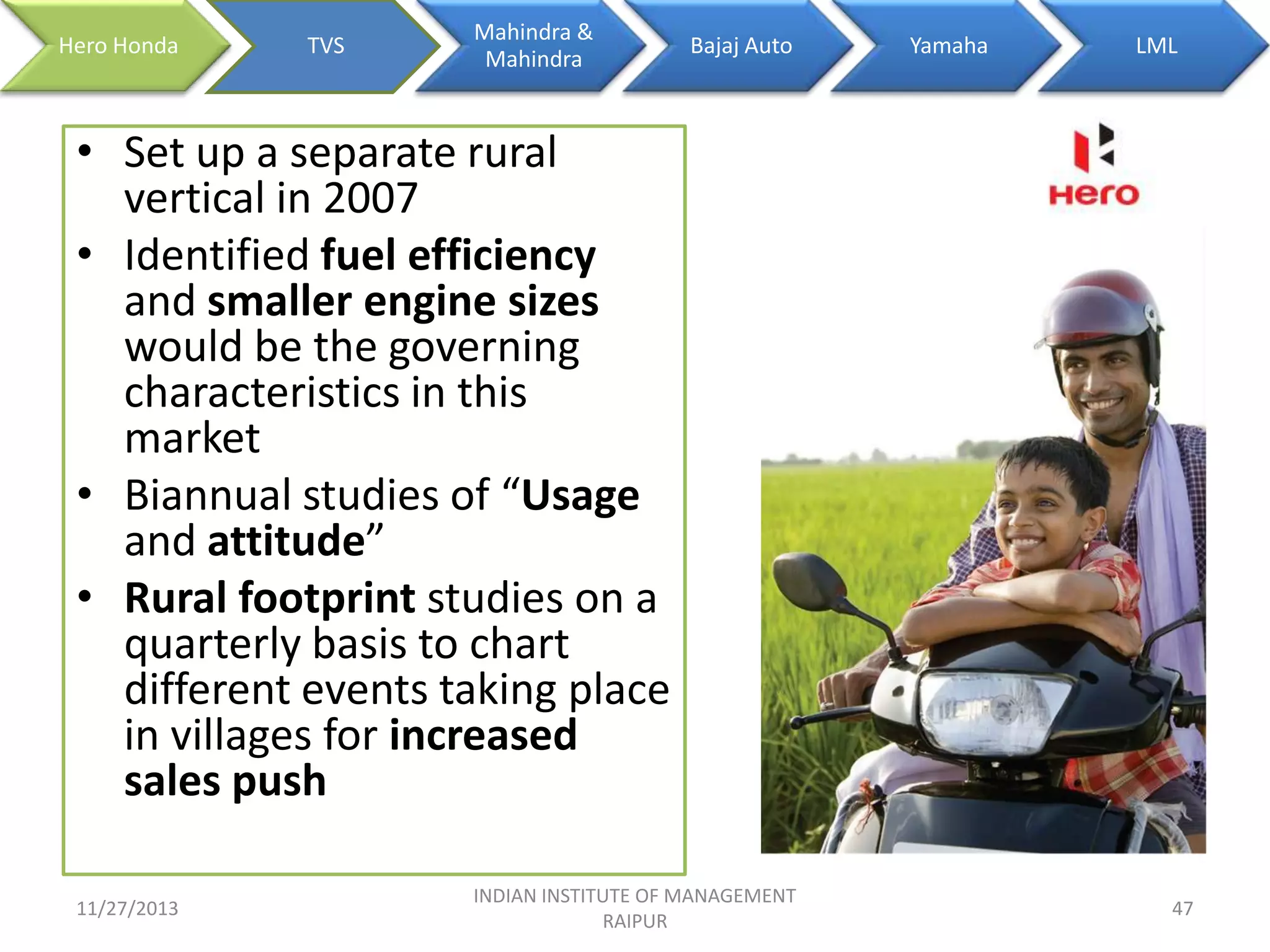 Hero Honda

TVS

Mahindra &
Mahindra

Bajaj Auto

Yamaha

LML

• Set up a separate rural
vertical in 2007
• Identified fuel efficiency
and smaller engine sizes
would be the governing
characteristics in this
market
• Biannual studies of “Usage
and attitude”
• Rural footprint studies on a
quarterly basis to chart
different events taking place
in villages for increased
sales push
11/27/2013

INDIAN INSTITUTE OF MANAGEMENT
RAIPUR

47

 