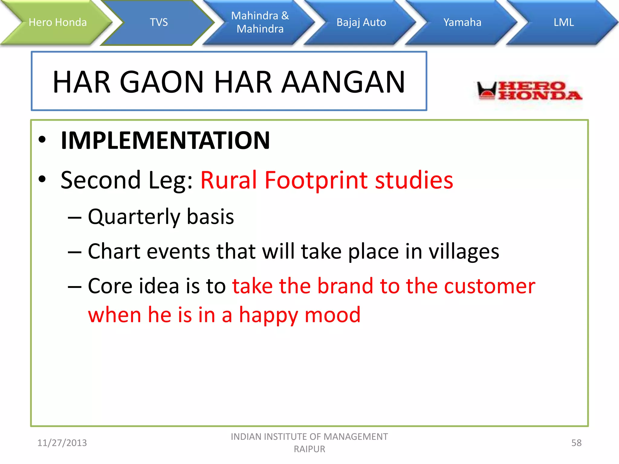 Hero Honda

TVS

Mahindra &
Mahindra

Bajaj Auto

Yamaha

LML

HAR GAON HAR AANGAN
• IMPLEMENTATION
• Second Leg: Rural Footprint studies
– Quarterly basis
– Chart events that will take place in villages
– Core idea is to take the brand to the customer
when he is in a happy mood

11/27/2013

INDIAN INSTITUTE OF MANAGEMENT
RAIPUR

58

 