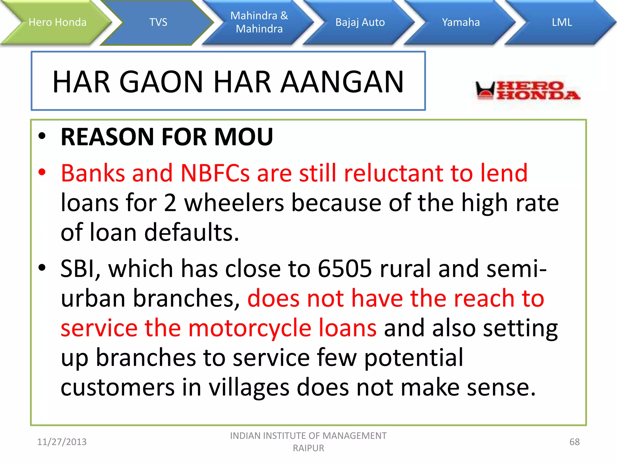 Hero Honda

TVS

Mahindra &
Mahindra

Bajaj Auto

Yamaha

LML

HAR GAON HAR AANGAN
• REASON FOR MOU
• Banks and NBFCs are still reluctant to lend
loans for 2 wheelers because of the high rate
of loan defaults.
• SBI, which has close to 6505 rural and semiurban branches, does not have the reach to
service the motorcycle loans and also setting
up branches to service few potential
customers in villages does not make sense.
11/27/2013

INDIAN INSTITUTE OF MANAGEMENT
RAIPUR

68

 