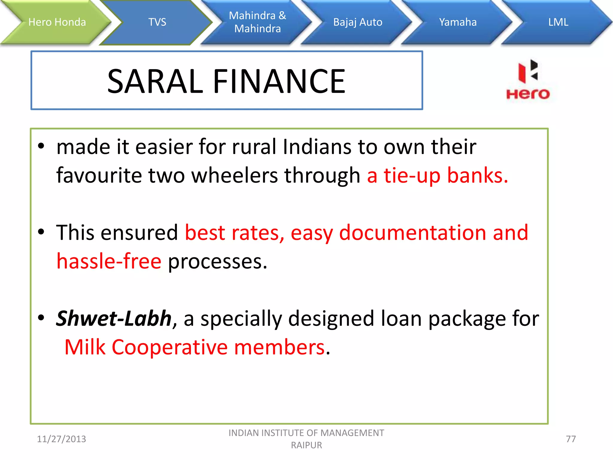 Hero Honda

TVS

Mahindra &
Mahindra

Bajaj Auto

Yamaha

LML

SARAL FINANCE
• made it easier for rural Indians to own their
favourite two wheelers through a tie-up banks.
• This ensured best rates, easy documentation and
hassle-free processes.
• Shwet-Labh, a specially designed loan package for
Milk Cooperative members.

11/27/2013

INDIAN INSTITUTE OF MANAGEMENT
RAIPUR

77

 
