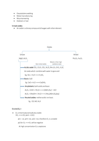  Oxyacetylene welding
 Metal manufacturing
 Mountaineering
 Oxidizers in fuel
Simple oxides:
 An oxide is a binary compoundofoxygen with other element.
Oxides
Simple Mixed
MgO, Al2O3 Pb3O4, Fe3O4
Metals intheir high
Non-metal oxides oxidationstate
Acidic oxide: SO2, Cl2O7, CO2, N2O5, Mn2O7, CrO3, V2O5
An oxide which combinewith water to give acid
Eg. SO2 + H2O→ H2SO3
Basic:CaO
Eg. CaO + H2O → Ca(OH)2
Amphoteric:bothacidicandbasic
Al2O3 + 6HCl + 9H2O→ 2[Al(H2O)6]+
+ 6Cl-
Al2O3 + 6NaOH+ 3H2O→ 2Na3[Al(H2O)6](aq)
Neutral oxides: neitheracidic norbasic
Eg. CO, NO, N20
Ozone (O3) –
 O3 is thermodynamically lessstable
3O2 → 2O3 (△H= +142)
△S= -ve, △H= +ve, △G= +ve, therefore O3 is unstable
△G for O3 → O2 will be negative
At high concentrationO3 is explosive
 