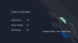 Team member
Anjali Asrani 05
Sneha Indulkar 23
Kaif siddiqui 63
Project guide : Mrs. Vidya zope
 