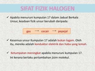  Apabila menuruni kumpulan 17 dalam Jadual Berkala
Unsur, keadaan fizik unsur berubah daripada:
gas cecair pepejal
 Kesemua unsur Kumpulan 17 adalah bukan logam. Oleh
itu, mereka adalah konduktor elektrik dan haba yang lemah.
 Ketumpatan meningkat apabila menuruni kumpulan 17.
Ini kerana berlaku pertambahan jisim molekul.
 