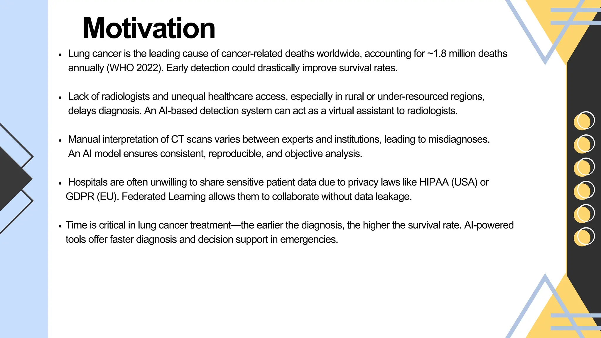 Motivation
Lung cancer is the leading cause of cancer-related deaths worldwide, accounting for ~1.8 million deaths
annually (WHO 2022). Early detection could drastically improve survival rates.
Lack of radiologists and unequal healthcare access, especially in rural or under-resourced regions,
delays diagnosis. An AI-based detection system can act as a virtual assistant to radiologists.
Manual interpretation of CT scans varies between experts and institutions, leading to misdiagnoses.
An AI model ensures consistent, reproducible, and objective analysis.
Hospitals are often unwilling to share sensitive patient data due to privacy laws like HIPAA (USA) or
GDPR (EU). Federated Learning allows them to collaborate without data leakage.
Time is critical in lung cancer treatment—the earlier the diagnosis, the higher the survival rate. AI-powered
tools offer faster diagnosis and decision support in emergencies.
 
