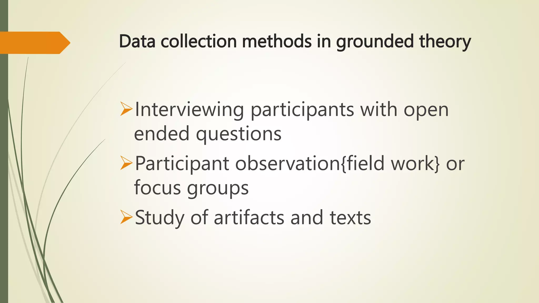 Data collection methods in grounded theory
Interviewing participants with open
ended questions
Participant observation{field work} or
focus groups
Study of artifacts and texts
 