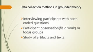 Data collection methods in grounded theory
Interviewing participants with open
ended questions
Participant observation{field work} or
focus groups
Study of artifacts and texts
 