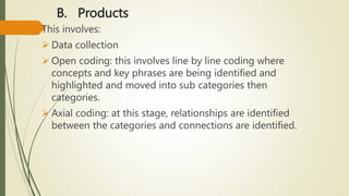 B. Products
This involves:
 Data collection
 Open coding: this involves line by line coding where
concepts and key phrases are being identified and
highlighted and moved into sub categories then
categories.
 Axial coding: at this stage, relationships are identified
between the categories and connections are identified.
 