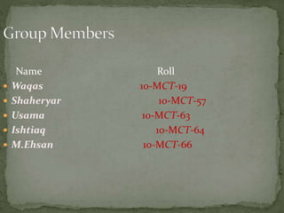 Name Roll
 Waqas 10-MCT-19
 Shaheryar 10-MCT-57
 Usama 10-MCT-63
 Ishtiaq 10-MCT-64
 M.Ehsan 10-MCT-66
 
