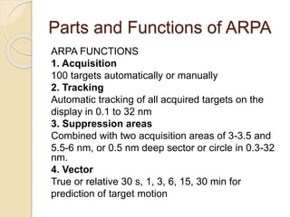 Parts and Functions of ARPA
ARPA FUNCTIONS
1. Acquisition
100 targets automatically or manually
2. Tracking
Automatic tracking of all acquired targets on the
display in 0.1 to 32 nm
3. Suppression areas
Combined with two acquisition areas of 3-3.5 and
5.5-6 nm, or 0.5 nm deep sector or circle in 0.3-32
nm.
4. Vector
True or relative 30 s, 1, 3, 6, 15, 30 min for
prediction of target motion
 