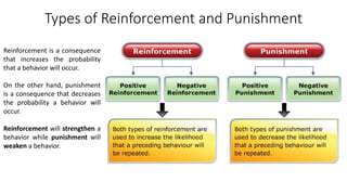 Types of Reinforcement and Punishment
Reinforcement is a consequence
that increases the probability
that a behavior will occur.
On the other hand, punishment
is a consequence that decreases
the probability a behavior will
occur.
Reinforcement will strengthen a
behavior while punishment will
weaken a behavior.
 