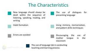 GIANTTEMPLATE.COM
The use of dialogues for
presenting language
Using mimicry, memorization,
and pattern drills techniques
Discouraging the use of
mother tongue in the
classroom
The Characteristics
New language should always be
dealt within the sequence of
listening, speaking, reading, and
writing
Habit formation
Errors are avoided
The use of language lab in conducting
teaching and learning process.
 