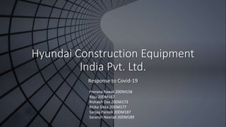 Hyundai Construction Equipment
India Pvt. Ltd.
Response to Covid-19
Prerana Rawat 20DM158
Raju 20DM167
Rishabh Das 20DM173
Ritika Sikka 20DM177
Sanjay Pareek 20DM187
Saransh Neerad 20DM189
 