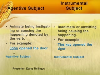 Agentive Subject
• Animate being instigat-
ing or causing the
happening denoted by
the verb.
• For example:
John opened th...