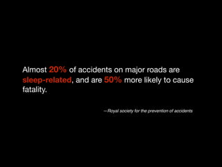Almost 20% of accidents on major roads are 
sleep-related, and are 50% more likely to cause 
fatality. 
—Royal society for the prevention of accidents 
 