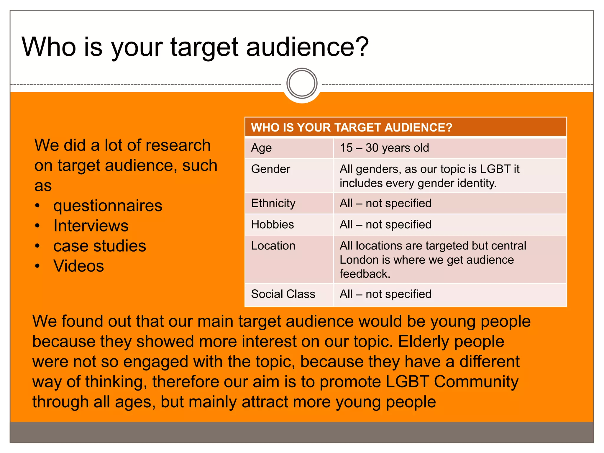 Who is your target audience?

                            WHO IS YOUR TARGET AUDIENCE?
 We did a lot of research   Age            15 – 30 years old
 on target audience, such   Gender         All genders, as our topic is LGBT it
 as                                        includes every gender identity.

 • questionnaires           Ethnicity      All – not specified

 • Interviews               Hobbies        All – not specified
 • case studies             Location       All locations are targeted but central
                                           London is where we get audience
 • Videos                                  feedback.
                            Social Class   All – not specified

We found out that our main target audience would be young people
because they showed more interest on our topic. Elderly people
were not so engaged with the topic, because they have a different
way of thinking, therefore our aim is to promote LGBT Community
through all ages, but mainly attract more young people
 