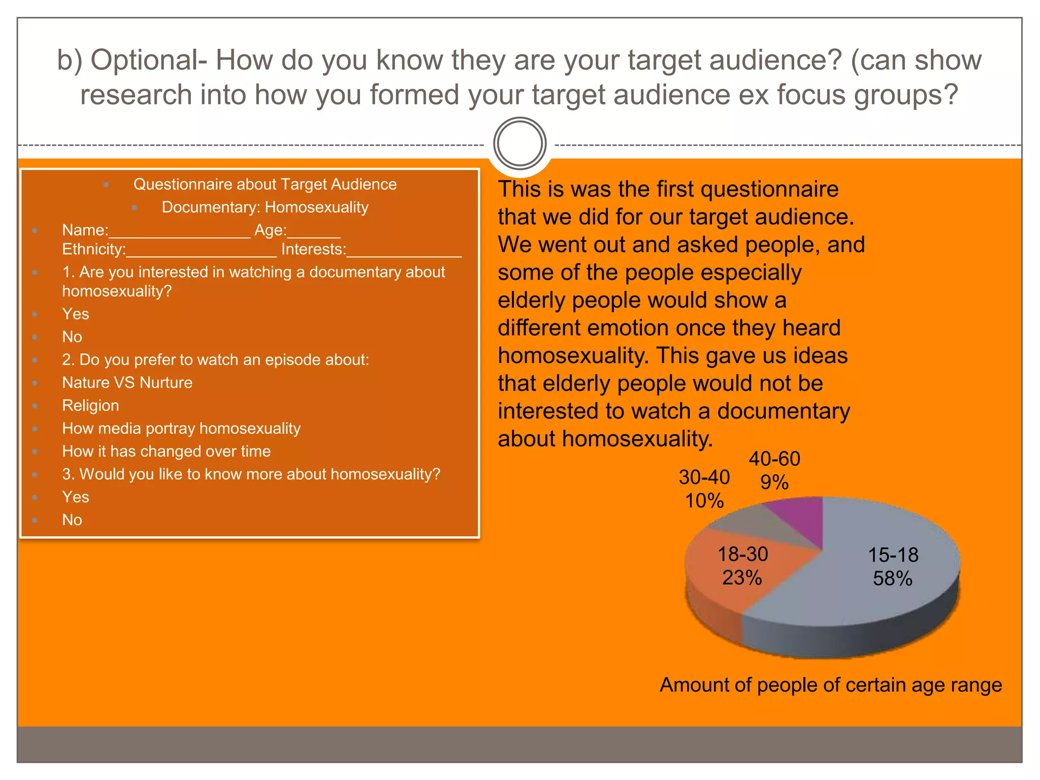 b) Optional- How do you know they are your target audience? (can show
      research into how you formed your target audience ex focus groups?

              Questionnaire about Target Audience          This is was the first questionnaire
                  Documentary: Homosexuality
   Name:________________ Age:______
                                                            that we did for our target audience.
    Ethnicity:_________________ Interests:_____________     We went out and asked people, and
   1. Are you interested in watching a documentary about   some of the people especially
    homosexuality?
                                                            elderly people would show a
   Yes
   No                                                      different emotion once they heard
   2. Do you prefer to watch an episode about:             homosexuality. This gave us ideas
   Nature VS Nurture                                       that elderly people would not be
   Religion                                                interested to watch a documentary
   How media portray homosexuality
   How it has changed over time
                                                            about homosexuality.
                                                                                     40-60
   3. Would you like to know more about homosexuality?                      30-40    9%
   Yes                                                                      10%
   No

                                                                                 18-30             15-18
                                                                                 23%               58%




                                                                           Amount of people of certain age range
 
