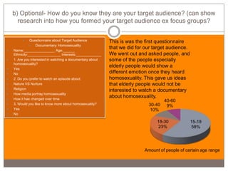 b) Optional- How do you know they are your target audience? (can show
      research into how you formed your target audience ex focus groups?

              Questionnaire about Target Audience          This is was the first questionnaire
                  Documentary: Homosexuality
   Name:________________ Age:______
                                                            that we did for our target audience.
    Ethnicity:_________________ Interests:_____________     We went out and asked people, and
   1. Are you interested in watching a documentary about   some of the people especially
    homosexuality?
                                                            elderly people would show a
   Yes
   No                                                      different emotion once they heard
   2. Do you prefer to watch an episode about:             homosexuality. This gave us ideas
   Nature VS Nurture                                       that elderly people would not be
   Religion                                                interested to watch a documentary
   How media portray homosexuality
   How it has changed over time
                                                            about homosexuality.
                                                                                     40-60
   3. Would you like to know more about homosexuality?                      30-40    9%
   Yes                                                                      10%
   No

                                                                                 18-30             15-18
                                                                                 23%               58%




                                                                           Amount of people of certain age range
 