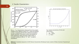 2. Transfer Characteristics :
Fig. Transfer characteristics of FinFet with
specifications :
 Lch = 10um,
 Wfin = 150nm,
 tsi = 30nm
Fig. Ids − Vgs characteristics obtained from the analytic
model for two different values of tfin (solid and dashed
curves), compared with the 2D numerical simulation
results (symbols). The same currents are plotted on
both logarithmic (left) and linear (right) scales. A
constant mobility of 300 cm−2 V−1 sec−1 is used in
calculations.
Reference: A Qualitative Approach on FinFET Devices Characteristics Md.Alamgir hossain, student of Dhaka University of Engineering &
Technology
16
 