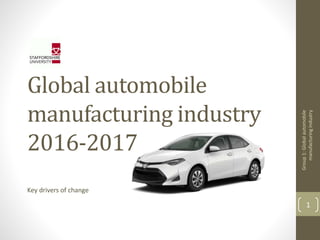 Global automobile
manufacturing industry
2016-2017
Key drivers of change
Group1:Globalautomobile
manufacturingindustry
1
 