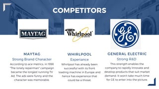 COMPETITORS
MAYTAG
Strong Brand Character
According to ace metrics, in 1998
"The lonely repairman" campaign
became the longest running TV
Ad. The ads were funny and the
character was memorable.
WHIRLPOOL
Experiance
Whirlpool has already been
successful with its front
loading machine in Europe and
hence has experience that
could be a threat.
GENERAL ELECTRIC
Strong R&D 
This strength enables the
company to rapidly innovate and
develop products that suit market
demand. It won't take much time
for GE to enter into the picture.
 