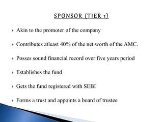  Akin to the promoter of the company
 Contributes atleast 40% of the net worth of the AMC.
 Posses sound financial record over five years period
 Establishes the fund
 Gets the fund registered with SEBI
 Forms a trust and appoints a board of trustee
 