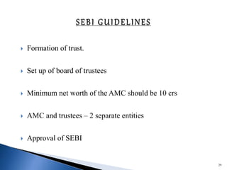  Formation of trust.
 Set up of board of trustees
 Minimum net worth of the AMC should be 10 crs
 AMC and trustees – 2 separate entities
 Approval of SEBI
29
 
