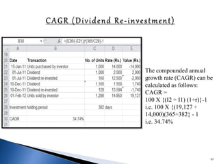 65
The compounded annual
growth rate (CAGR) can be
calculated as follows:
CAGR =
100 X {(I2 ÷ I1) (1÷r)}-1
i.e. 100 X {(19,127 ÷
14,000)(365÷382} - 1
i.e. 34.74%
 