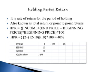  It is rate of return for the period of holding
 Also known as total return or point to point returns.
 HPR = {[INCOME+(END PRICE – BEGINNING
PRICE)]*BEGINNING PRICE}*100
 HPR ={ [2+(12-10)]/10}*100 = 40%
DIVIDEND 2 HPR 40%
BEG.PRICE 10
ENDPRICE 12
HOLDINGPERIOD 1YEAR
 