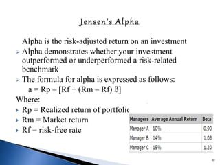 Alpha is the risk-adjusted return on an investment
 Alpha demonstrates whether your investment
outperformed or underperformed a risk-related
benchmark
 The formula for alpha is expressed as follows:
a = Rp – [Rf + (Rm – Rf) ß]
Where:
 Rp = Realized return of portfolio
 Rm = Market return
 Rf = risk-free rate
80
 