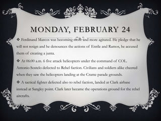 MONDAY, FEBRUARY 24
 Ferdinand Marcos was becoming more and more agitated. He pledge that he
will not resign and he denounces the actions of Enrile and Ramos, he accused
them of creating a junta.
 At 06:00 a.m. 6 five attack helicopters under the command of COL.
Antonio Sostelo defected to Rebel faction. Civilians and soldiers alike cheered
when they saw the helicopters landing at the Crame parade grounds.
 A tactical fighter defected also to rebel faction, landed at Clark airbase
instead at Sangley point. Clark later became the operations ground for the rebel

aircrafts.

 
