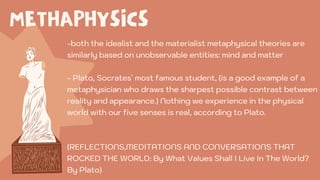METHAPHYSICS
-both the idealist and the materialist metaphysical theories are
similarly based on unobservable entities: mind and matter
- Plato, Socrates` most famous student, (is a good example of a
metaphysician who draws the sharpest possible contrast between
reality and appearance.) Nothing we experience in the physical
world with our five senses is real, according to Plato.
(REFLECTIONS,MEDITATIONS AND CONVERSATIONS THAT
ROCKED THE WORLD: By What Values Shall I Live In The World?
By Plato)
 