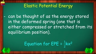 Elastic Potential Energy
- can be thought of as the energy stored
in the deformed spring (one that is
either compressed or stretched from its
equilibrium position).
Equation for EPE =
1
2
kx2
 