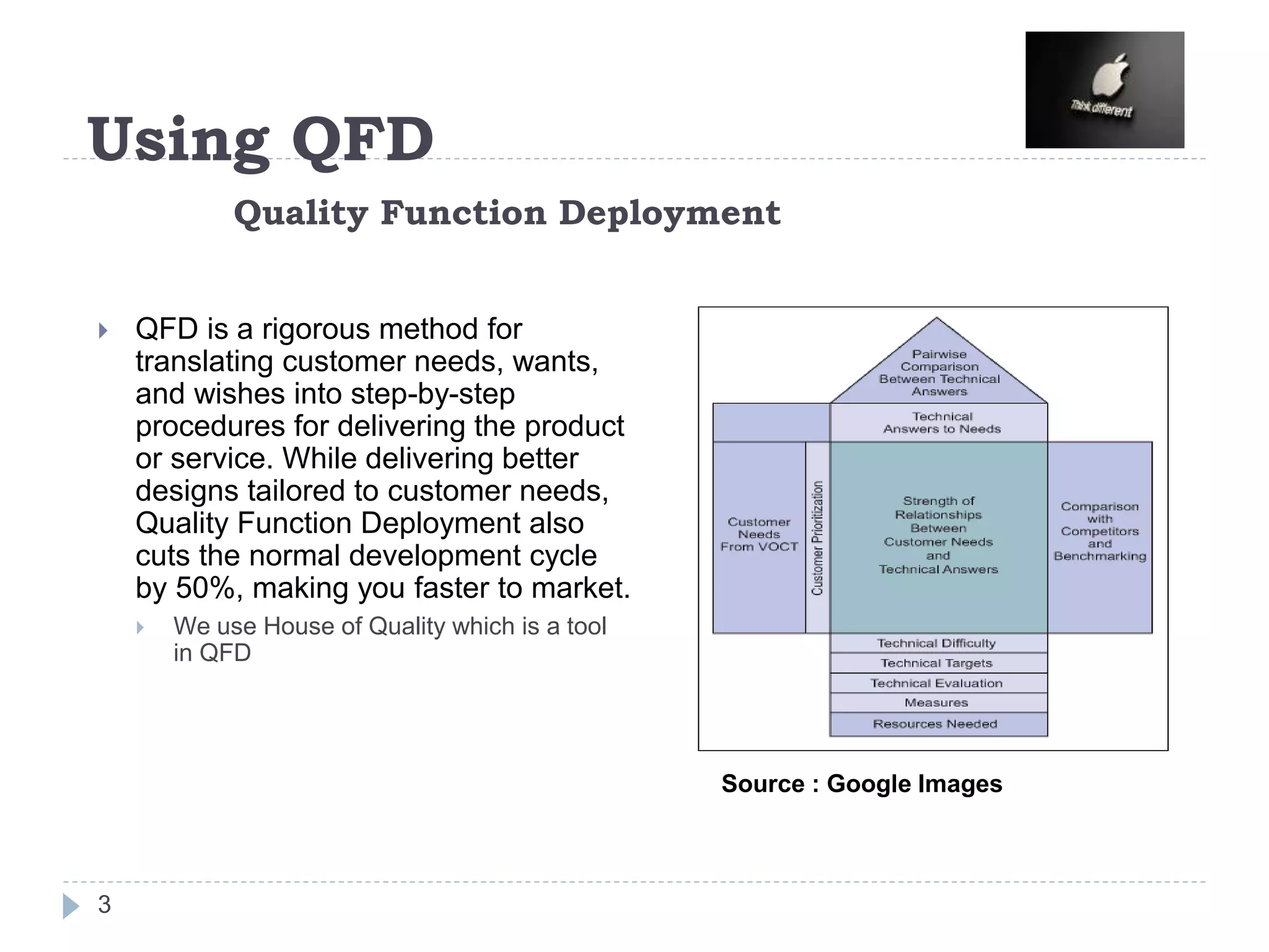 Using QFD
Quality Function Deployment
 QFD is a rigorous method for
translating customer needs, wants,
and wishes into step-by-step
procedures for delivering the product
or service. While delivering better
designs tailored to customer needs,
Quality Function Deployment also
cuts the normal development cycle
by 50%, making you faster to market.
 We use House of Quality which is a tool
in QFD
Source : Google Images
3
 
