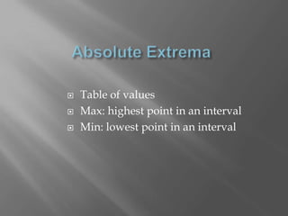 Absolute ExtremaTable of valuesMax: highest point in an intervalMin: lowest point in an interval