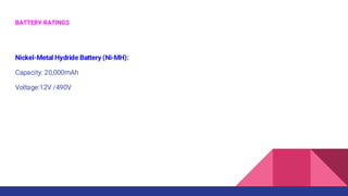 BATTERY RATINGS
Nickel-Metal Hydride Battery (Ni-MH):
Capacity: 20,000mAh
Voltage:12V /490V
 
