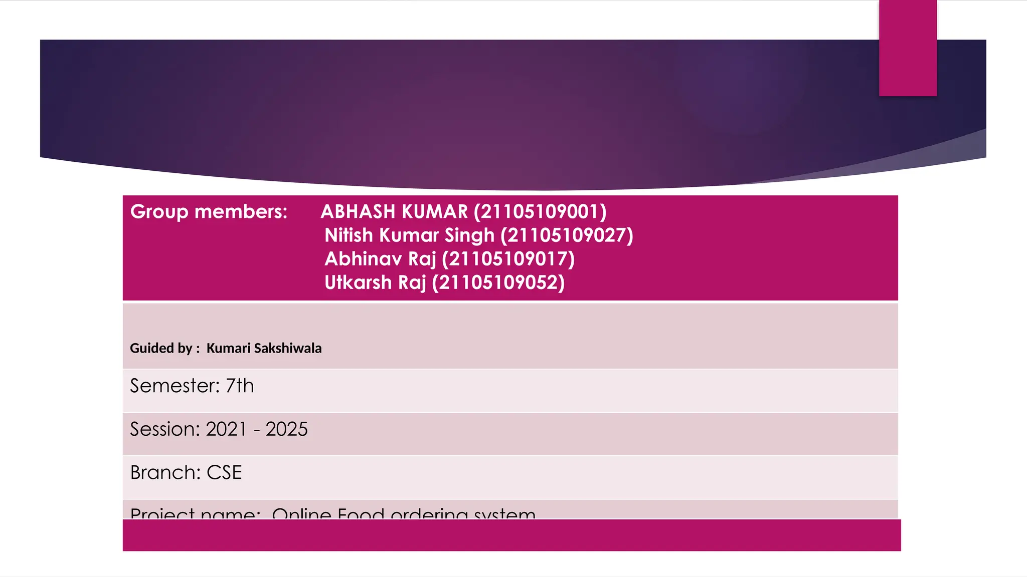 Group members: ABHASH KUMAR (21105109001)
Nitish Kumar Singh (21105109027)
Abhinav Raj (21105109017)
Utkarsh Raj (21105109052)
Guided by : Kumari Sakshiwala
Semester: 7th
Session: 2021 - 2025
Branch: CSE
Project name: Online Food ordering system
 