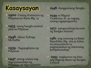 Kasaysayan1948 -Sangguniang Bangko1949 -si Miguel Cuaderno, Sr. ay naging unang tagapangasiwa.1972 -pangunahinglayuninngBangkoSentral.1981 -angnasusognaBatas RepublikaBlg. 265 ay lubosnapinaunlaransapagpapalakasngsistemangpampananalapi1993 -nagkaroon ng bisa ang Bagong Batas ng Bangko Central1900 -UnangKomisyonngPilipinas an Batas Blg. 521933 -isangbangkosentralparasaPilipinas.1946 –Batas Tydings McDuffie1939 –TagapagbatasngPilipinas1947-pinag-aralanangmgapananalapingPilipinas, at mgasuliraninnito.