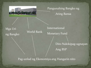 International  Monetary Funditinatagupangpautanginangmgabansangkasapinito .tuladng  world  bank  angbansangpinakamalakiangkontribusyon  ay  angnagdidiktangdesisyonnito  .NasaIMF  din angpaggawang  International  Reserve  Currency  O  Special  Drawing  Rights  .nahinihiramnamanngmgakasapinitongbansaupangpangbayadsa  deficit  sakalakalan .angbansanghindinakakabayadngutang  at  lumagpassa  quota ay pinapatawanngmabigatngkondisyonnanakakaapektosasistemangekonomiyanito