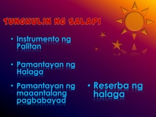 Mgauri at anyongsalapiCommodity Money	-  angmganinuno ay natutonggumamitnganumangbagaykapalitngprodukto.	-  ginto, pilak at tanso  …CreditMoney-  anumanguringinstrumentongpangungutangnatinatanggapbilangkabayaransabinilingprodukto at serbisyo	-  salapingpapel, tseke, 	promissory note  …FiatMoney-  tinatanggaplamangkapagitinuturingna legal 	tender.	-  ginto, pilak at tanso  	…