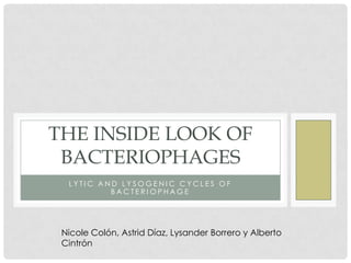THE INSIDE LOOK OF
 BACTERIOPHAGES
  LYTIC AND LYSOGENIC CYCLES OF
          BACTERIOPHAGE




 Nicole Colón, Astrid Díaz, Lysander Borrero y Alberto
 Cintrón
 